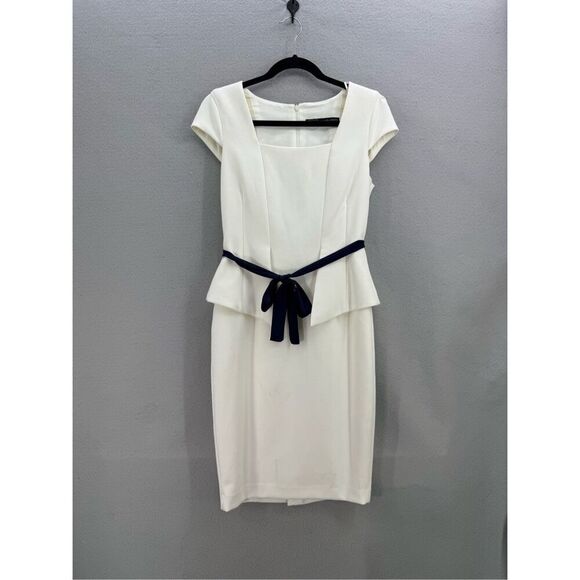 Zara Womens Neutral Cream Cap Sleeve Belted Peplum Mini Pencil Dress Size Medium - Picture 2 of 10